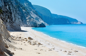 Amazing view of Egremni beach, its white-colored sand and beautiful turquoise waters on the Greek island of Lefkada