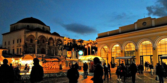Monastiraki square in Athens by night