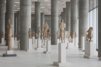 Interior view of Acropolis Museum and unique statues