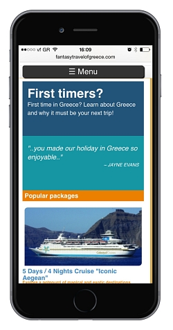 Snapshot of Fantasy Travel new website as it is seen from an iPhone 6 device