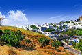 Panoramic view of Chora in Patmos with Saint John's Monastery on the background