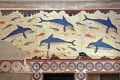 Ancient wall painting illustrating dolphins in Knossos archaeological site of Heraklion city, Crete island