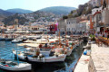 Fishing boats docked on the port of Hydra