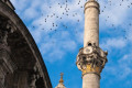 Pigeons flying over the Minaret of the Ortaköy Mosque in the Besiktas area of Istanbul