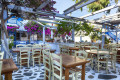 Traditional flowery Greek tavern, Mykonos island