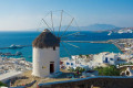 View of Chora, Mykonos in front of a windmill