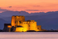 The fortress of Bourtzi in Nafplion looks stunning at night