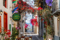 Beautiful streets with flowers decorating them in Nafplion