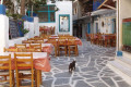 Slated island street and traditional tavern tables, Naxos island