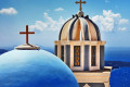 Vivid colors of elaborate domes of churches, Santorini island