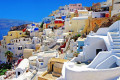 Candy colored houses and white washed staircases, Santorini island
