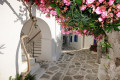 Alley with hanging flowers in Fira, Santorini