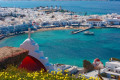 Panoramic view of the bay in the port of Mykonos