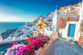 Alley decorated with flowers and with a view of the caldera in Oia, Santorini