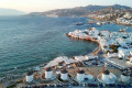 View of Chora, the capital of Mykonos, with its famous windmills