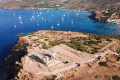 Drone view of Cape Sounion, with the temple of Poseidon and multiple sailboats