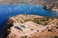 Drone view of Cape Sounion, with the temple of Poseidon and multiple sailboats