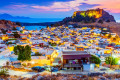 The village of Lindos in Rhodes lights up at night