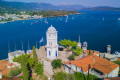 The iconic clock tower on the waterfront of Poros