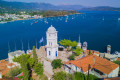 The iconic clock tower in the main port of Poros