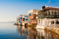 Little Venice in Chora as the sun rises over Mykonos