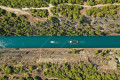 Aerial view of the narrow strait on the Corinth Canal