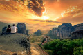 A majestic sunset in the valley of Meteora