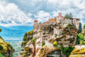 Aerial view of the steep rock formations and Byzantine monasteries of Meteora