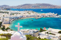 Panoramic view of the port of Mykonos in Chora