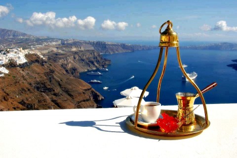 Greek coffee with caldera view on Santorini island