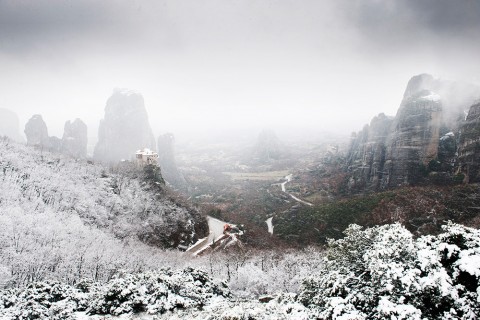 Snow picked Meteora during winter time in Greece