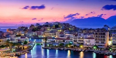 Agios Nikolaos port during sunset, Crete island