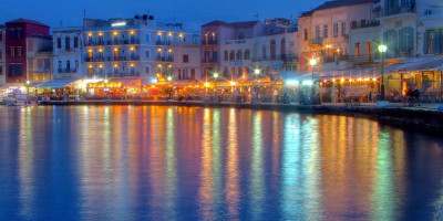 The port of Chania beautifully illuminated in the night
