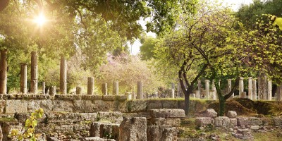 Ancient ruins at the archaeological site of Olympia, Greek mainland