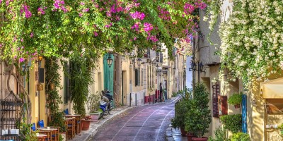 Picturesque flowery alley in Plaka area, Athens