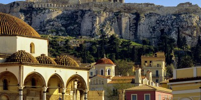 Monastiraki square backdropped by Acropolis Hill, Athens