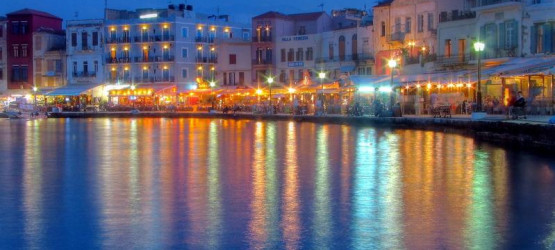 The port of Chania beautifully illuminated in the night