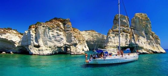 Turquoise waters and white rocks at Kleftiko area, Milos island