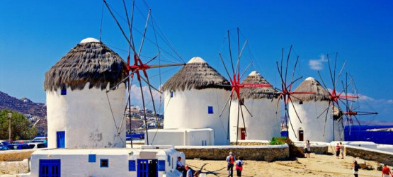 The tranquil windmills in Chora, Mykonos The tranquil windmills in Chora, Mykonos
