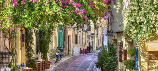 Picturesque flowery alley in Plaka area, Athens