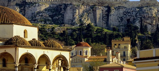 Monastiraki square backdropped by Acropolis Hill, Athens