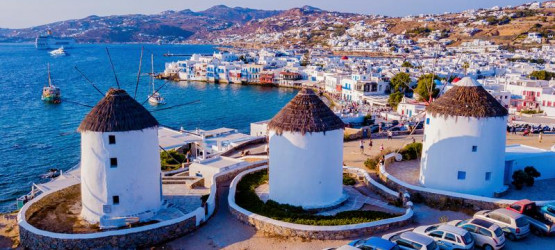 Traditional stone windmills in Mykonos