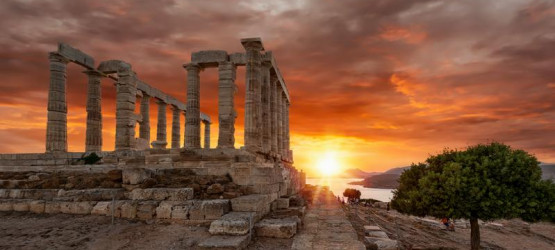Sunset in the Temple of Poseidon at the edge of Cape Sounion